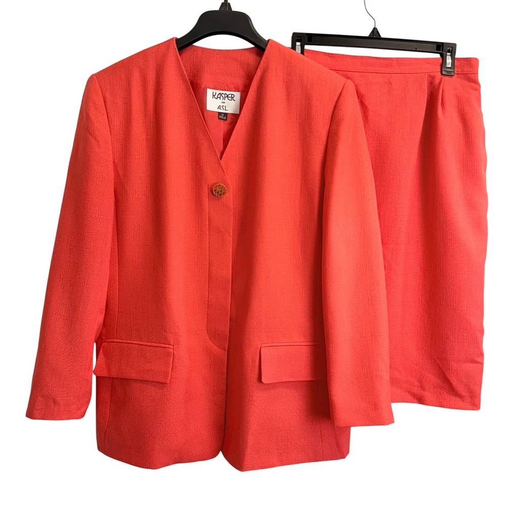 Kasper for ASL Womens Vintage Coral Orange‎ Skirt Suit Set Size 16 Blazer Skirt